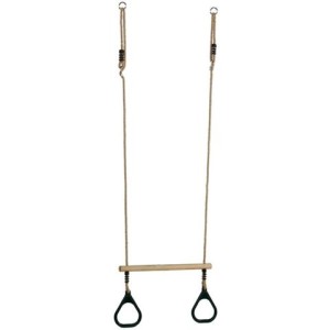 Drewniany trapez z plastikowymi obręczami na plac zabaw dla dzieci