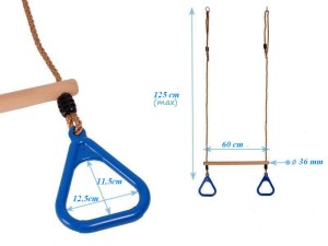 Drewniany trapez z plastikowymi obręczami na plac zabaw dla dzieci